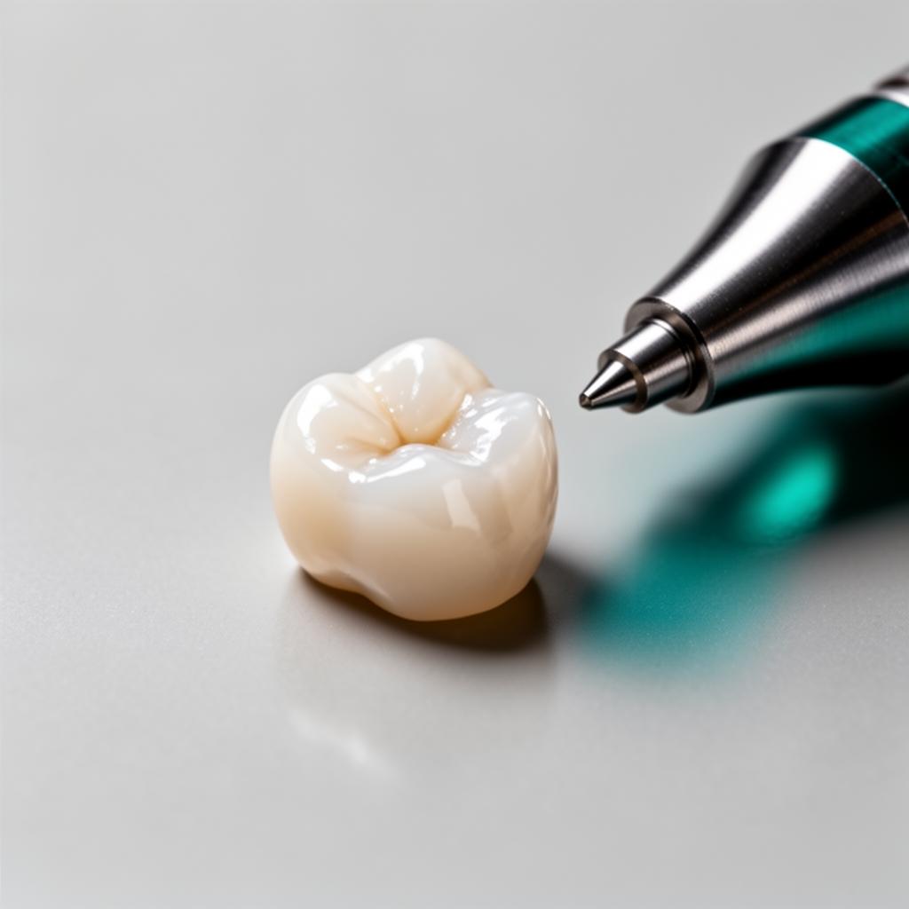 Milled ceramic crown beside a precision finishing tool