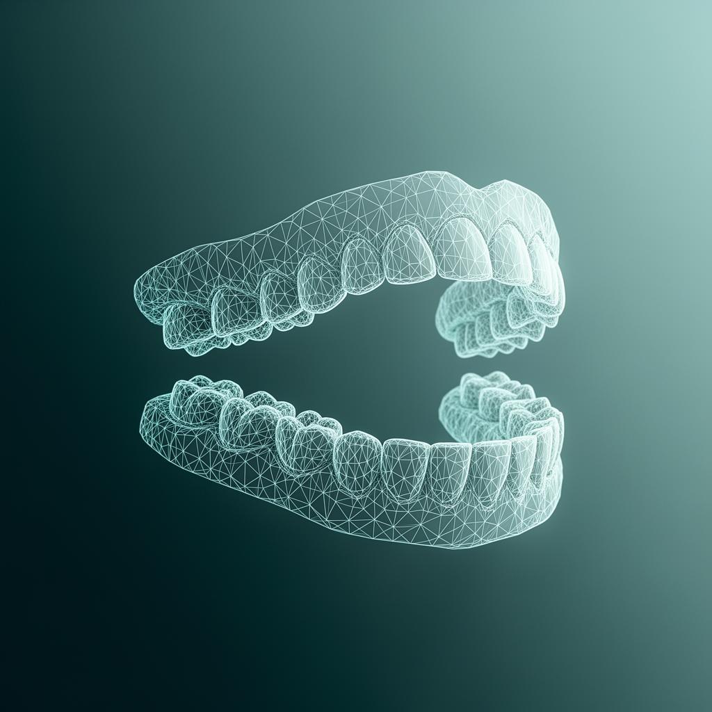 Luminous 3D mesh scan of upper and lower dental arches