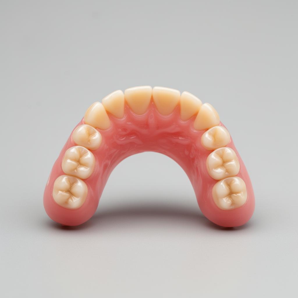 Full upper denture with natural teeth and pink gum acrylic